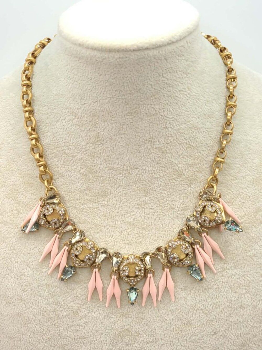 J Crew Pink Spiky Gold Tone Clear Crystal Necklace